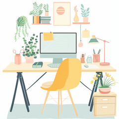 Cute cozy office interior. Desk with computer. Modern apartment design, isolated illustration in flat style