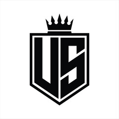 US Logo monogram bold shield geometric shape with crown outline black and white style design