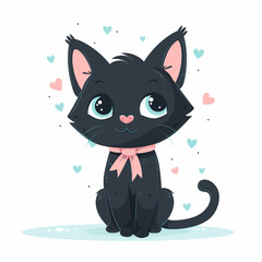 Cute black cat with a pink ribbon and hearts. Character for children, illustration in flat style