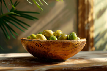 Wooden bowl with green olives on a beautiful wall background lit by the sun from the window with shadows close up
 - obrazy, fototapety, plakaty