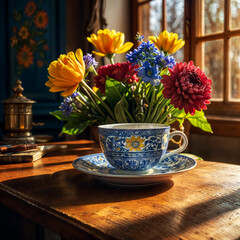 Cups of coffee on the table. There is a bouquet of yellow and red flowers in the room. The room is filled with warm sunlight.