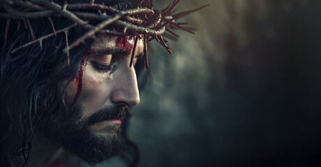 Jesus Christ with a crown of thorns upon his head, symbolizing the sacrifice and suffering - obrazy, fototapety, plakaty
