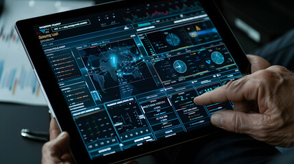 Close-up of hands holding a tablet displaying advanced data analytics and interactive dashboards.
