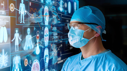 Surgeon Reviewing Patient Data on Futuristic Display, A surgeon in scrubs examines digital patient...