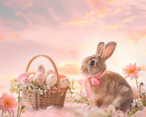 Easter Bunny with a decorated eggs basket and spring flowers, pastel colors, festive card or background