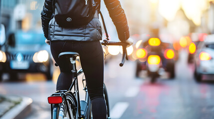 A cyclist commuting on a busy city street at dusk, navigating through the hustle of urban traffic.

