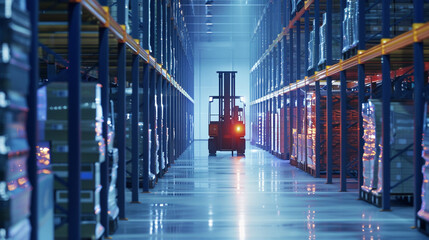 Automated forklifts navigating through a vast warehouse, efficiently stacking and retrieving goods with precision. 8K -