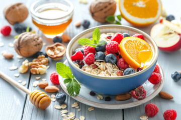 Nutritious breakfast cereal with blueberries, raspberries, orange green mint leaf and honey on a beautiful wooden table with scattered fruit elements
 - obrazy, fototapety, plakaty