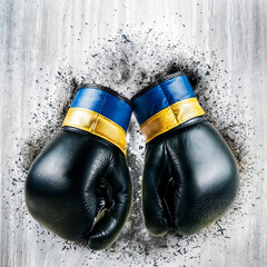 Battle-weary boxing gloves on wooden background