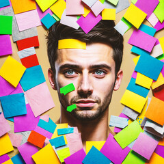 Man overwhelmed by colorful sticky notes