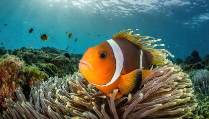 Clown fish, Anemonefish (Amphiprion ocellaris) swim among the tentacles of anemones, symbiosis of fish and anemones - obrazy, fototapety, plakaty