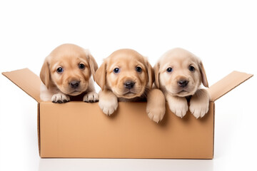3 kleine Golden Retriever Hundewelpen in einem Karton auf weißen Hintergrund, isoliert Freisteller