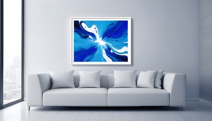 "Electric Blue Dreamscape": A sleek, white museum frame showcasing a vibrant, electric blue abstract artwork, pulsating with energy.