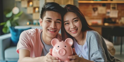 Young smiling Asian couple holding piggy bank. A young couple is saving money..