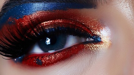 Close-up of Woman's Eye with Red, White, and Blue Makeup
