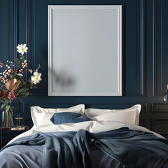 Cozy dark blue bedroom interior, mockup frame. 3d render.