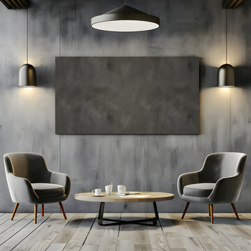 Grey business office interior with board and armchairs, mockup wall. 3d render.