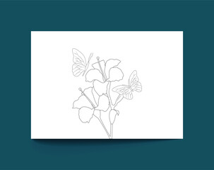 Flowers, leaves, and butterflies line art