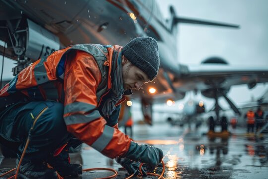 Aircraft maintenance technician inspects and performs safety checks on plane weaponry