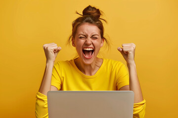 Excited happy caucasian woman feeling winner rejoicing online win got new job opportunity, overjoyed motivated mixed race girl student receive good test results on laptop celebrating admission. High