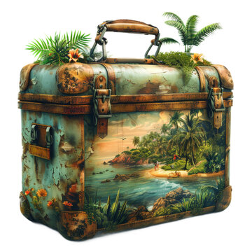 Vintage Suitcase With Painting On a Transparent Background PNG