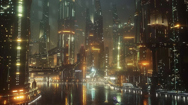 A bustling city skyline illuminated by futuristic skyscrapers interconnected by glowing networks of light, showcasing the essence of a smart city and global communication. 8K -