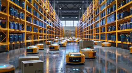 A bustling e-commerce warehouse filled with robotic arms efficiently sorting and packaging orders....