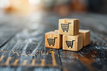 Growing sales concept with shopping cart icons on wooden cubes increasing in size - obrazy, fototapety, plakaty