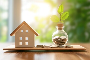 Future investment plans Hand balances house model and savings bag