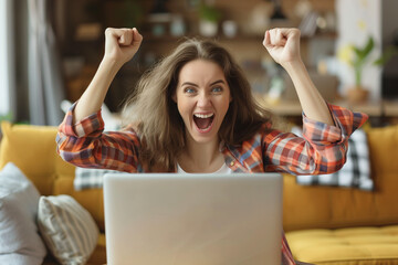 Excited happy caucasian woman feeling winner rejoicing online win got new job opportunity, overjoyed motivated mixed race girl student receive good test results on laptop celebrating admission. High - obrazy, fototapety, plakaty