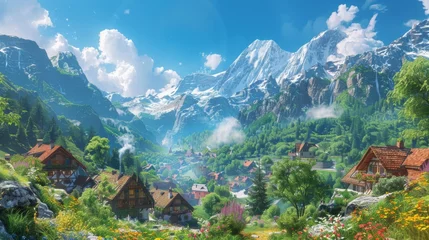 Photo sur Plexiglas Mont Cradle Cradled by towering mountains and verdant forests, an Alpine hamlet rests beneath the expansive expanse of a cerulean sky, a picturesque scene straight from a postcard.