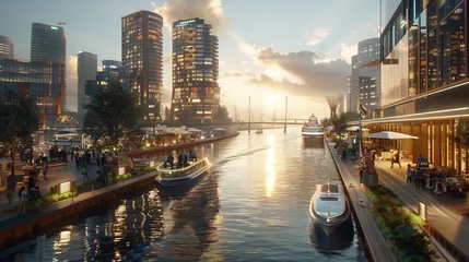 Fototapeten A bustling waterfront promenade equipped with smart docks for autonomous boats and ferries, facilitating efficient waterway transportation and enhancing connectivity in a smart city. 8K - © Rafay Arts
