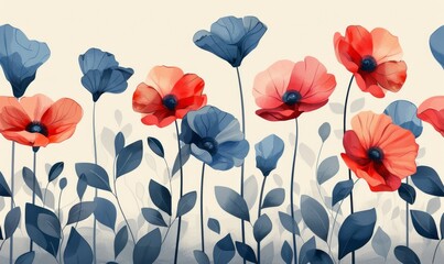 On a light background, one can admire an illustration featuring red and blue flowers.