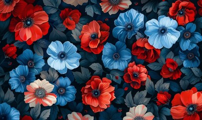 A light background serves as the canvas for an illustration showcasing red and blue flowers.