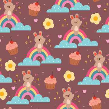 seamless pattern cartoon bunny with cupcake and sky element. cute animal wallpaper for textile, gift wrap paper