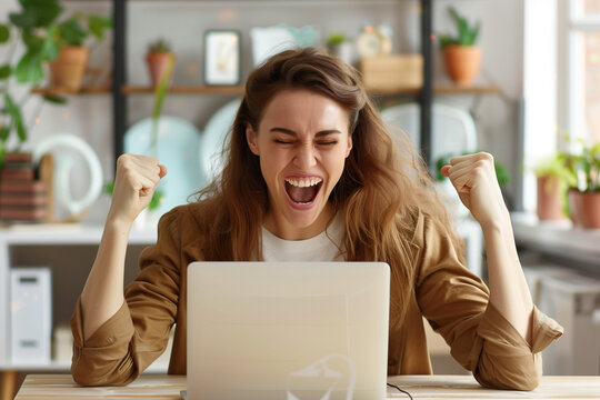 Excited happy caucasian woman feeling winner rejoicing online win got new job opportunity, overjoyed motivated mixed race girl student receive good test results on laptop celebrating admission. High