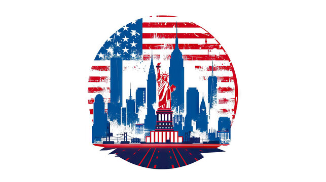 Round shape red, blue and white American flag colors, city silhouettes of USA and statue of liberty in vintage style for loyalty, independence, veterans, labor, memorial day. - Powered by Adobe