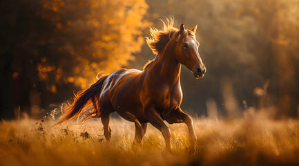 Majestic Horse Galloping in a Golden Field at Sunset