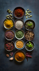 Obraz na płótnie Canvas Assorted Spices in Bowls on Dark Textured Background