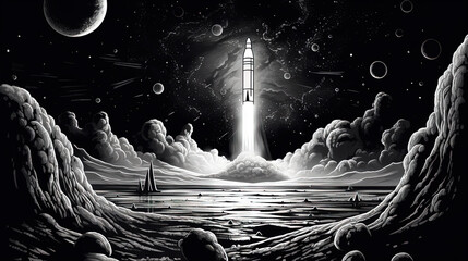 Rocket launch scene in retro black and white style. Rocket take off illustration. - 756609541