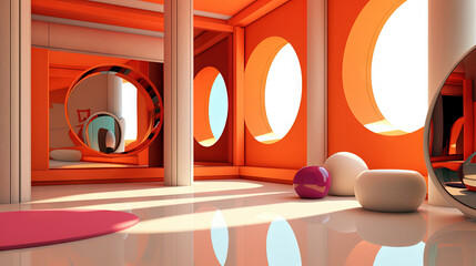 Spaceship or lab interior in retro futuristic sci-fi style with round doors.