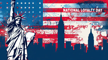 Naklejka premium City silhouettes of USA with statue of liberty on grunge American flag background for National Loyalty Day.