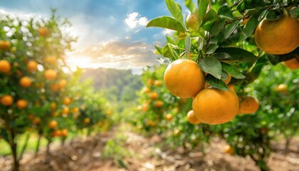 Close-up of ripe oranges hanging on a tree in an orange plantation garden 1
