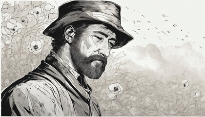 Fototapeta premium The Lone Wanderer Amidst Poppies and Birds: A Study in Monochrome Generative AI