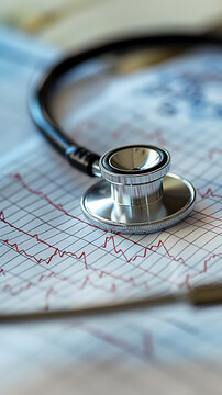 Close-up of Stethoscope on Graph Paper with Printed Heartbeat Signal