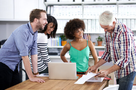 Creative, teamwork and laptop for design in workplace and diversity for inspiration of art or drawings. Professional workers, technology or collaboration in fashion industry and happy with sketch