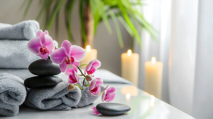 Serene Spa and Wellness Setting with Orchids and Stones