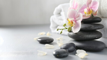 Fototapeta na wymiar Serene Spa and Wellness Setting with Orchids and Stones