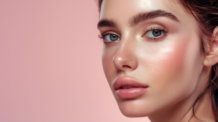 Fototapeta premium Radiant Young Woman with a Mesmerizing Gaze on a Pink Background