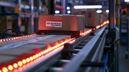 A close-up of a barcode scanner in action, swiftly reading labels on packages as they move along a...